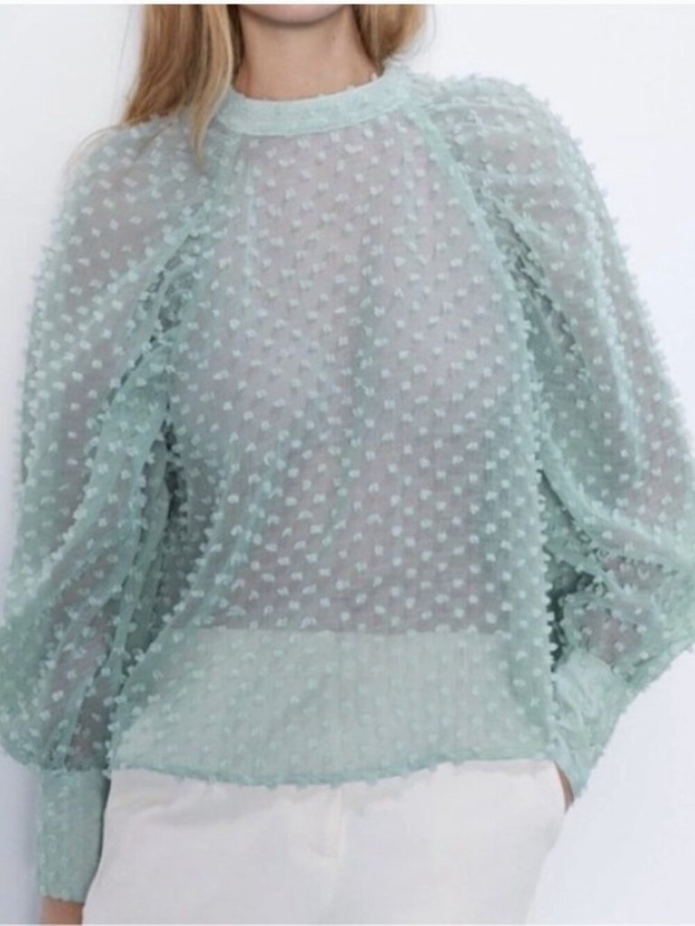 ZARA Green Swiss Dot Polka Dot Puff Sleeve Blouse Sheer/See Through Size XS